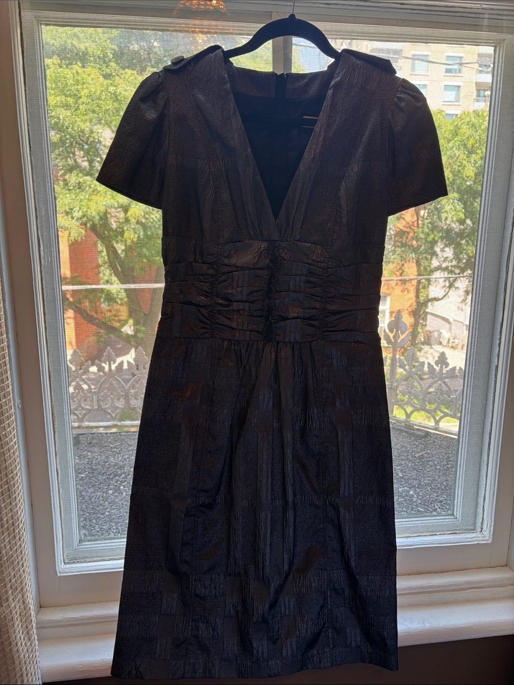 Burberry Metallic V-Neck Midi Dress in Charcoal
